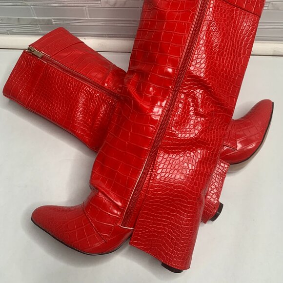 Women Faux Leather Knee High Boots Fold Over Pointed Toe Gold Hardware - Picture 6 of 8